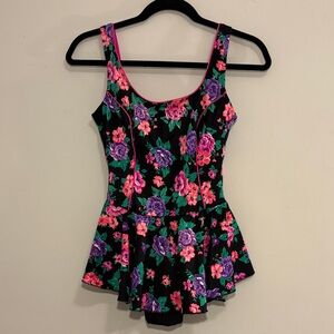 70s Floral One Piece Swim Skirt